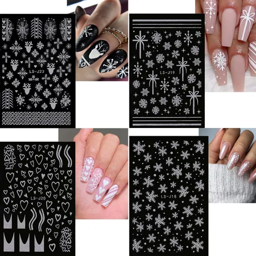 Miniatura 5 de 6 hojas de calcomanías de uñas de copo de nieve plateado con purpurina 3D, autoadhesivas, diseño de uñas de invierno, diseño de uñas de reno, copos