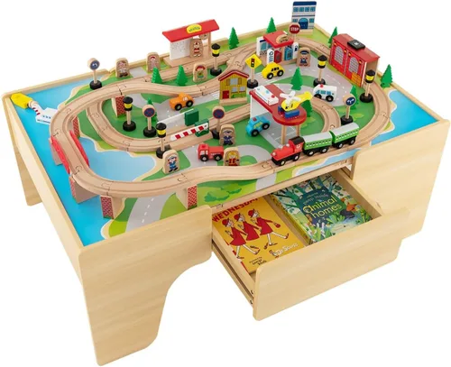 Miniatura 10 de Mesa de Tren INFANS, Juego de 80 Piezas de Madera para Niños con Juego de Actividad Reversible y Desmontable, Pistas, Tren, Ferrocarril, Ciudad