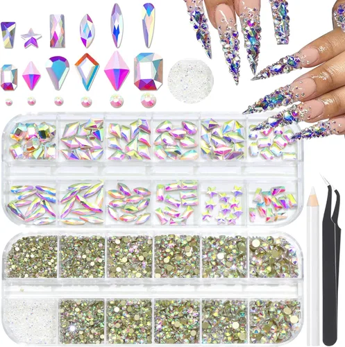Miniatura 36 de 3520 diamantes de imitación de uñas color dorado champán para uñas, multiformas con parte trasera plana, diamantes de imitación redondos