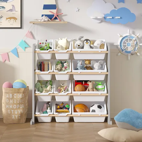 Miniatura 8 de VECELO Estantería para niños con 12 contenedores, estante de madera para juguetes para niños pequeños, almacenamiento de gran capacidad para libros