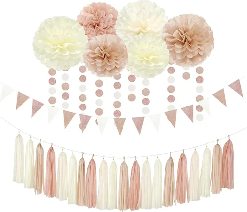 Decoraciones de fiesta de baby shower, color champán, dorado y beige, bohemio, 23 piezas, para otoño, rústico, neutro, para boda, pompones de seda,