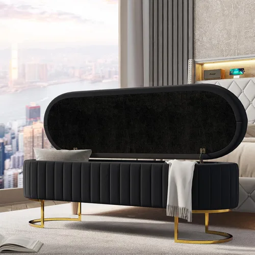 Miniatura 19 de EcoHarbor Living Banco de almacenamiento de 50.5" para pasillo, otomano tapizado con extremo de cama de terciopelo con patas doradas, reposapiés