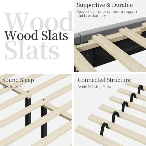 Miniatura 7 de Yaheetech Armazón de Cama Full Tapizado Cama de Plataforma con Cabecera Acolchada con Alas Laterales/Soporte de Listones de Madera Resistente/No