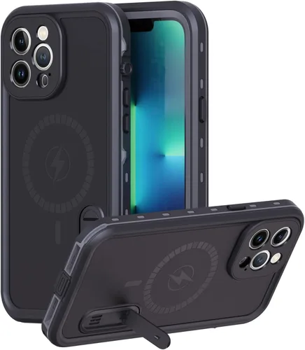 Funda magnética para iPhone 13 Pro Max con carga Mag-Safe, resistente al agua con función atril protector de pantalla integrado de grado militar,