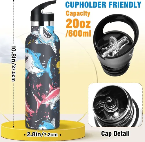 Miniatura 2 de Reusable Water Bottles with Straw Lid Nature Shark Pirate Style Vacuum Insulated Leakproof and BPA Free for Travel, Camping, Sports 06