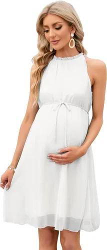 KOJOOIN Vestido de maternidad con cuello halter y volantes, de verano, casual, bohemio, sin mangas, de cintura alta, fluido para sesión de fotos,