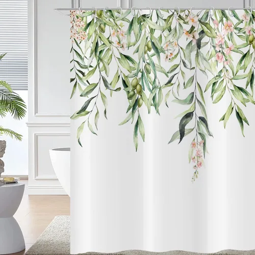 Miniatura 10 de Cortina de ducha de hoja de eucalipto, hojas verde salvia y doradas, plantas de acuarela en la parte superior, cortina de baño de tela con fondo
