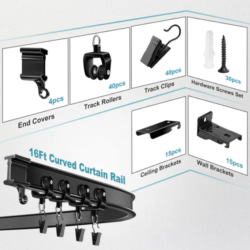 Miniatura 7 de Riel para Cortinas de Techo, Riel para Cortinas de Techo Curvo Flexible Montaje en Pared Riel para Cortinas 16 Pies Resistente Divisor de Habitación