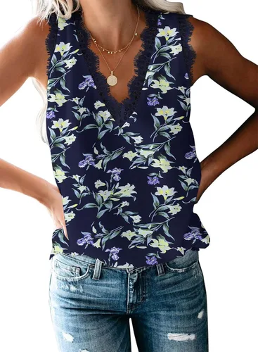 Miniatura 192 de VIISHOW - Camiseta sin mangas, sexy, con cuello en V y bordes de encaje para mujer, camisola de vestir, camisas de gasa, sin mangas, casuales
