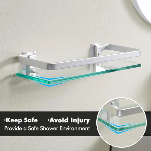 Miniatura 7 de KES Estantes de vidrio para baño, estantes flotantes de vidrio templado de 14 pulgadas de aluminio extra grueso, paquete de 2 organizadores