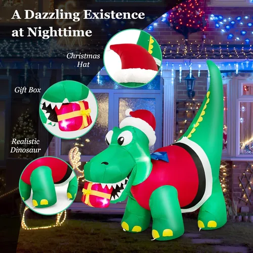 Miniatura 5 de Tangkula Mordedura inflable de dinosaurio de Navidad iluminada de 6 pies, caja de regalo, decoración inflable de Navidad con luces LED y caja
