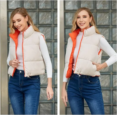 Miniatura 6 de AJUVEN Chaleco corto de invierno para mujer, ligero, reversible, cálido, chaleco acolchado, chaleco acolchado