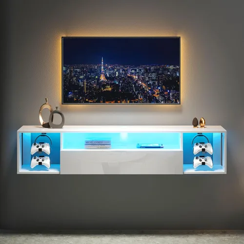 Miniatura 7 de soges Soporte de TV flotante con luces LED, estante de televisión para TV de 43 pulgadas, consola multimedia montada en la pared con ganchos
