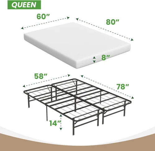 Miniatura 2 de Base de cama de plataforma metálica de 14 pulgadas con soporte de listones de acero, base de colchón con colchón de espuma viscoelástica de 8