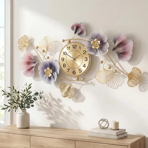 Miniatura 9 de Relojes de pared para decoración de sala de estar, reloj de pared grande, diseño creativo 3D de hoja de ginkgo de metal, con movimiento silencioso