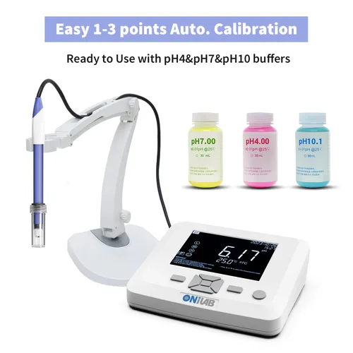 Miniatura 2 de ONiLAB Medidor de pH de laboratorio de sobremesa, precisión de pH 0,01, calibración automática de 1-3 puntos, pH 3 en 1/Electrodo de temperatura