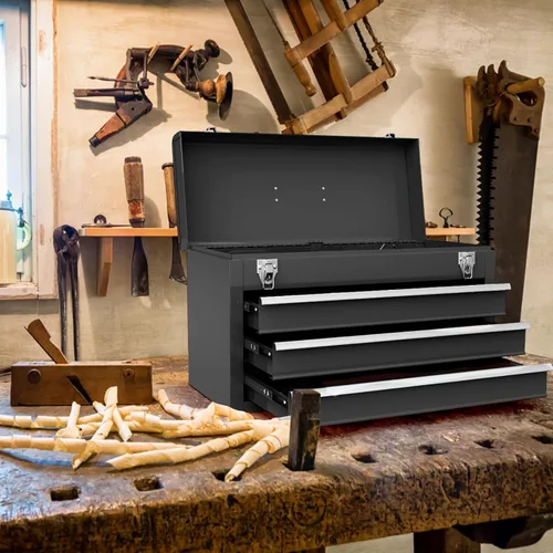 Miniatura 6 de Goplus Caja de herramientas con 3 cajones, organizador portátil de 4 niveles de 52 cm con bandeja superior para herramientas, cerradura automática