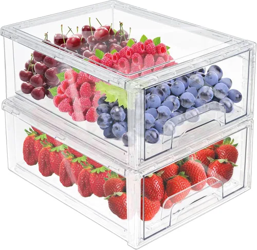 MANO Paquete de 2 cajones transparentes para refrigerador, apilables, organizadores de cajones para refrigerador, caja de almacenamiento de