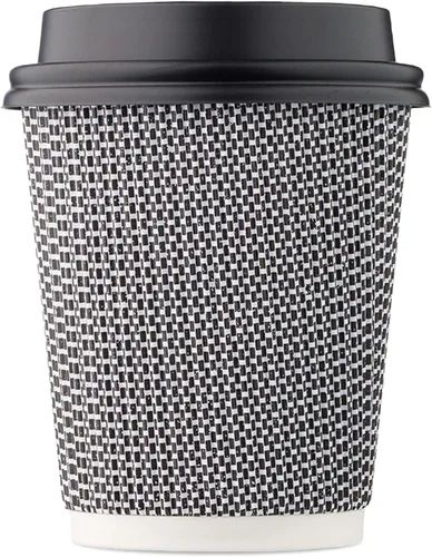 Harvest Pack - Paquete de 100 tazas de café aisladas de 8 onzas con tapas, tazas calientes de papel ondulado de doble pared, diseño geométrico Negro