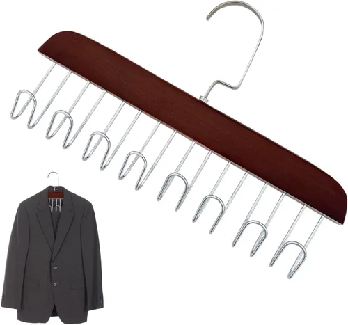 Miniatura 12 de 4 soportes de madera para cinturones, colgador multifuncional para cinturón de madera con 8 ganchos de metal, organizador de perchas de madera