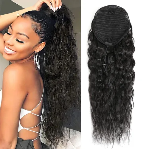 Miniatura 17 de Extensiones de pelo rizado con cordón para cola de caballo, extensiones de cabello humano para mujer con dos clips 1B# 120g/set (71cm)