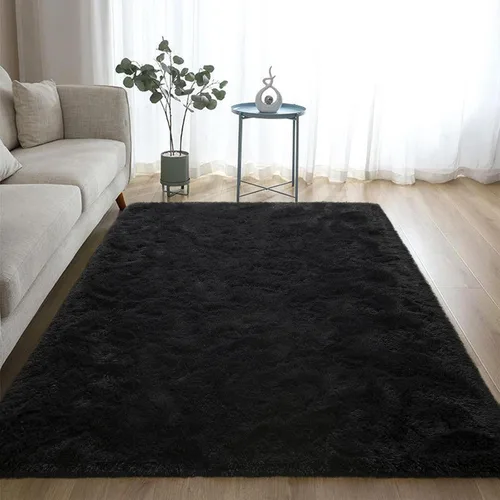 Miniatura 6 de DweIke Alfombras Negras Esponjosas para Dormitorio y Sala de Estar, 3x5 Pies Alfombra Suave de Felpa Shaggy Oscura para Niñas y Niños, Negro