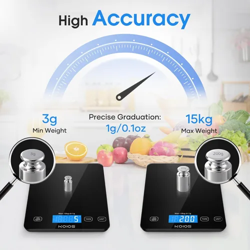 Miniatura 3 de KOIOS Báscula de alimentos, báscula digital de cocina de 33 libras/15 kg, peso en gramos y onzas para cocinar y hornear, graduación precisa de 1