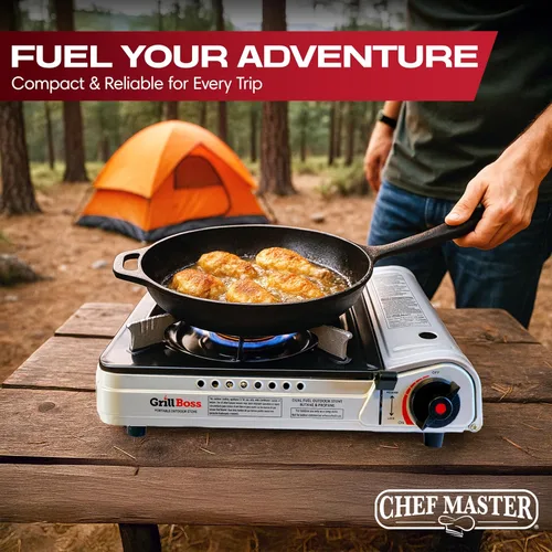 Miniatura 7 de Grill Boss - Estufa de campamento de combustible dual con 4 recipientes de butano de 8 onzas, estufa portátil de butano y propano de 12,000 BTU