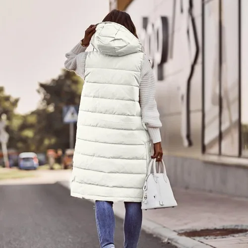 Miniatura 30 de Chaleco largo para mujer, sin mangas, acolchado, con cremallera, capucha, abrigo de invierno cálido, ligero, con bolsillos