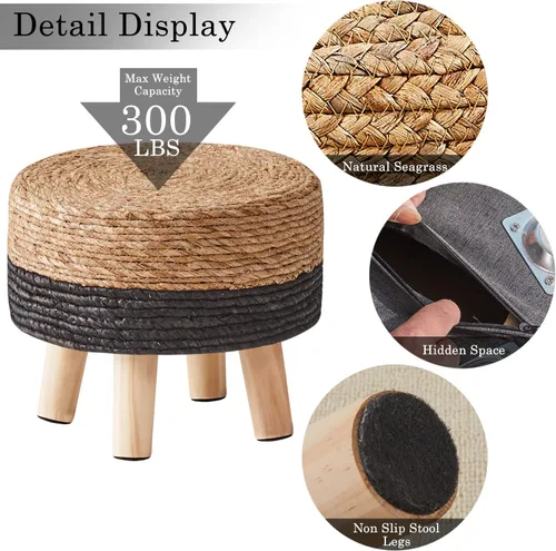Miniatura 4 de Cpintltr Reposapiés otomano natural de algas marinas, tejido a mano, taburete redondo para sofá, escritorio, reposapiés acolchado con patas de pino