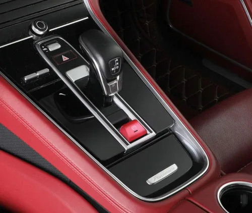 Miniatura 5 de iJDMTOY Cubierta decorativa de botón de liberación de freno de mano de aluminio rojo deportivo compatible con Porsche 2017 en adelante Panamera