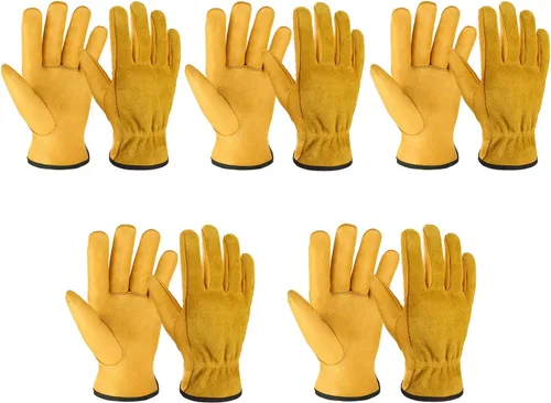 OZERO 5 pares de guantes de trabajo de cuero Flex Grip, guantes de jardinería de piel de vaca resistentes para corte de oro (5 pares)