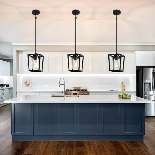 Miniatura 8 de Paquete de 2 luces colgantes negras para isla de cocina, lámparas colgantes de granja con pantalla de vidrio, iluminación moderna para isla