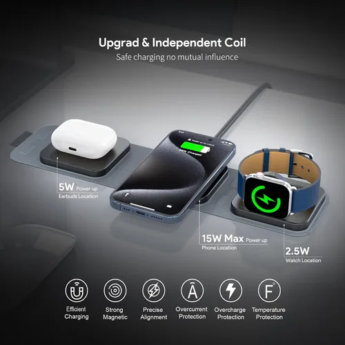 Miniatura 6 de Cargador de viaje inalámbrico 3 en 1 para iPhone, Airpods, Apple Watch - 15 W, 5 W, 2.5 W, para reloj de teléfono inteligente, compacto, plegable