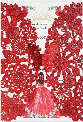 Miniatura 15 de Hosmsua 50 invitaciones de quinceañera de mariposa azul rey y sobre de 5.12 x 7.3 pulgadas, corte láser, flora de encaje, invitación de quinceañera