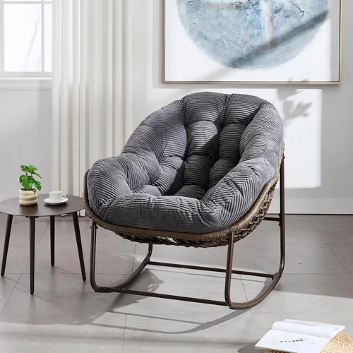 Miniatura 18 de Mecedora para patio al aire libre, cómoda silla mecedora de mimbre con cojín acolchado, silla de ratán de gran tamaño con marco de acero sólido