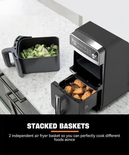 Miniatura 7 de Horno freidor de aire de doble capa de 12QT, capacidad de 6QT×2, diseño vertical de 2 cestas, función 7 en 1 con parrilla, asar, hornear