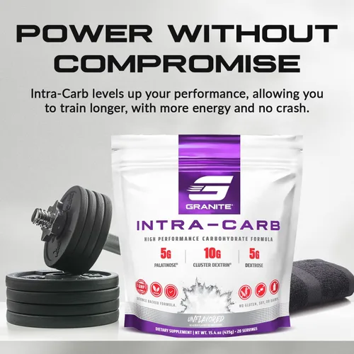 Miniatura 2 de Granite Intra Carb Powder, sin sabor, mezcla de carbohidratos de alto rendimiento con dextrina en racimo, palatinosa y dextrosa, apoya la energía