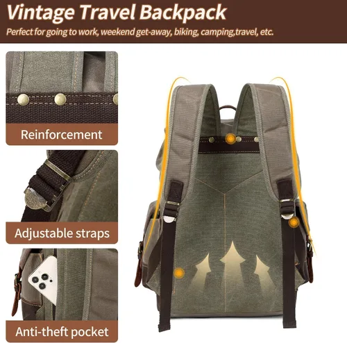 Miniatura 4 de Wogarl Mochila de lona de cuero vintage, Verde militar, Mediana, Ocio