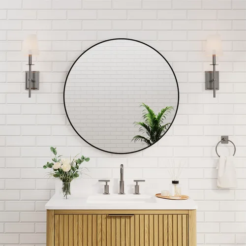 Miniatura 12 de WELLFOR Espejo redondo negro de 24 pulgadas, moderno espejo circular montado en la pared con marco de metal para entradas, baños, salas de estar