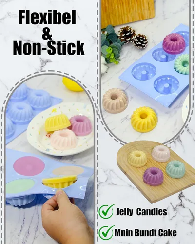 Miniatura 3 de Moldes de gelatina 3 piezas de silicona con tubo estriado, moldes de silicona para pastel Bundtlette de 6 cavidades Heritage, moldes elegantes