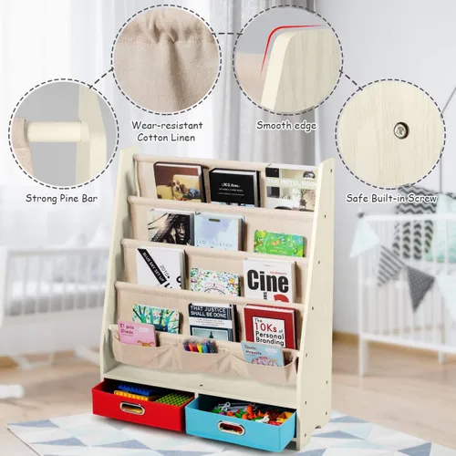 Miniatura 5 de HONEY JOY Estante para libros para niños con 2 contenedores de almacenamiento, estantería de madera para niños pequeños con 4 estantes de Beige