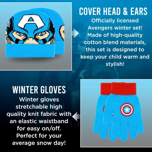 Miniatura 2 de Marvel Avengers - Juego de sombreros de invierno y guantes de nieve para niños y niños pequeños con lindos guantes y gorro suave pompones esponjosos