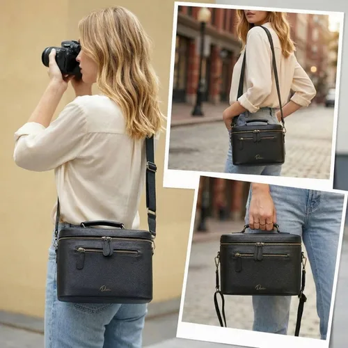 Miniatura 8 de Bolsa de hombro para cámara tipo bandolera, impermeable, de piel sintética, para fotógrafos, pequeña, compatible con Canon Nikon Sony (Negro)