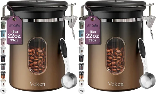 Miniatura 17 de Veken Recipiente de café con ventana, recipiente hermético de almacenamiento de alimentos de cocina de acero inoxidable con tapas, rastreador