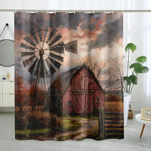 Miniatura 45 de Juego de baño estilo granja de 3 piezas con cortina de ducha y alfombras, cortina de ducha de 72'' y dos alfombras de baño antideslizantes lavables