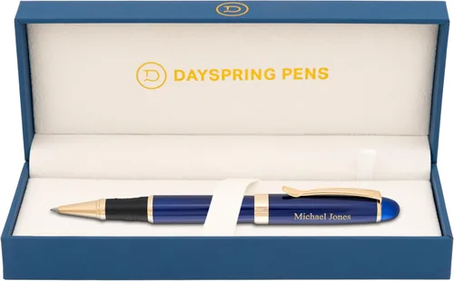 Dayspring Pens Alexandria - Bolígrafo roller, laca azul con borde dorado, grabado personalizado, regalo de graduación, nuevo trabajo, promoción u