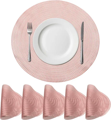 Miniatura 12 de uxcell Juego de 6 manteles individuales redondos dorados para mesas de comedor, manteles individuales metálicos de polivinilo prensado, manteles