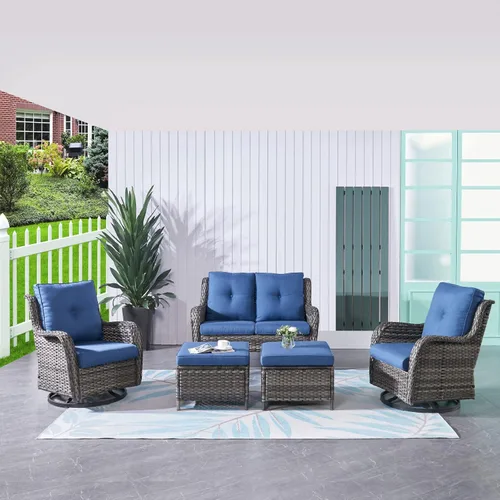 Miniatura 88 de HUMMUH Sillas Mecedoras Giratorias de Mimbre para Patio Exterior con Respaldo Alto, Sillas Deslizantes de Ratán PE, Juego de Muebles de Patio de 4