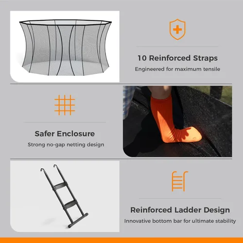 Miniatura 4 de Trampolín para exteriores de 10 pies, 14 pies, 16 pies con recinto, 6 patas reforzadas en forma de U con soporte central, aprobado por ASTM